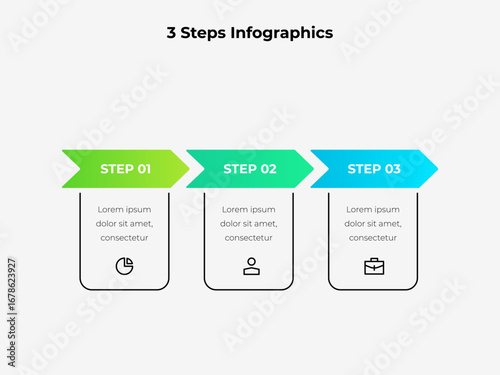 Infographic featuring three distinct steps, great for visualizing processes, projects, or business workflows. Vibrant color scheme makes it perfect for presentations, reports, or learning materials