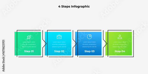 Infographic with four distinct color steps, each featuring gradient hues, icons, and clear concise text. Perfect for business presentations, workflow diagrams, or educational purposes
