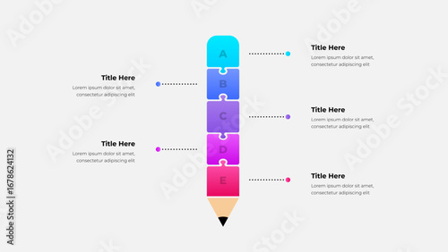 Infographic in a pencil shape showcasing 5 sections with placeholder text for customized content. Ideal for educational, creative, or business purposes needing an organized and attractive layout