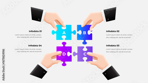 Illustration of hands assembling colorful puzzle pieces, representing teamwork, collaboration, and problem solving in a professional setting. Symbolizes coordination, and achieving common goals