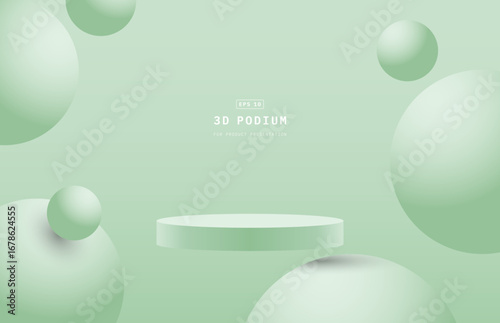 Green studio room. 3d cylinder podium realistic floating or flying on the air, Scene with sphere balls floating. Design for show cosmetic or product display presentation. Abstract 3d vector rendering.