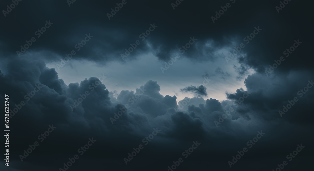 Obraz premium Dramatic cloudscape with swirling dark clouds and contrasting light forming dynamic sky scene