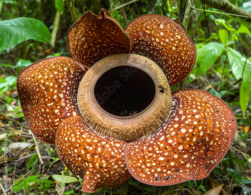 A close-up photograph of a Rafflesia flower, the world’s largest individual bloom, found in the tropical rainforests of Southeast Asia. The giant reddish-brown petals with white spots surround a centr