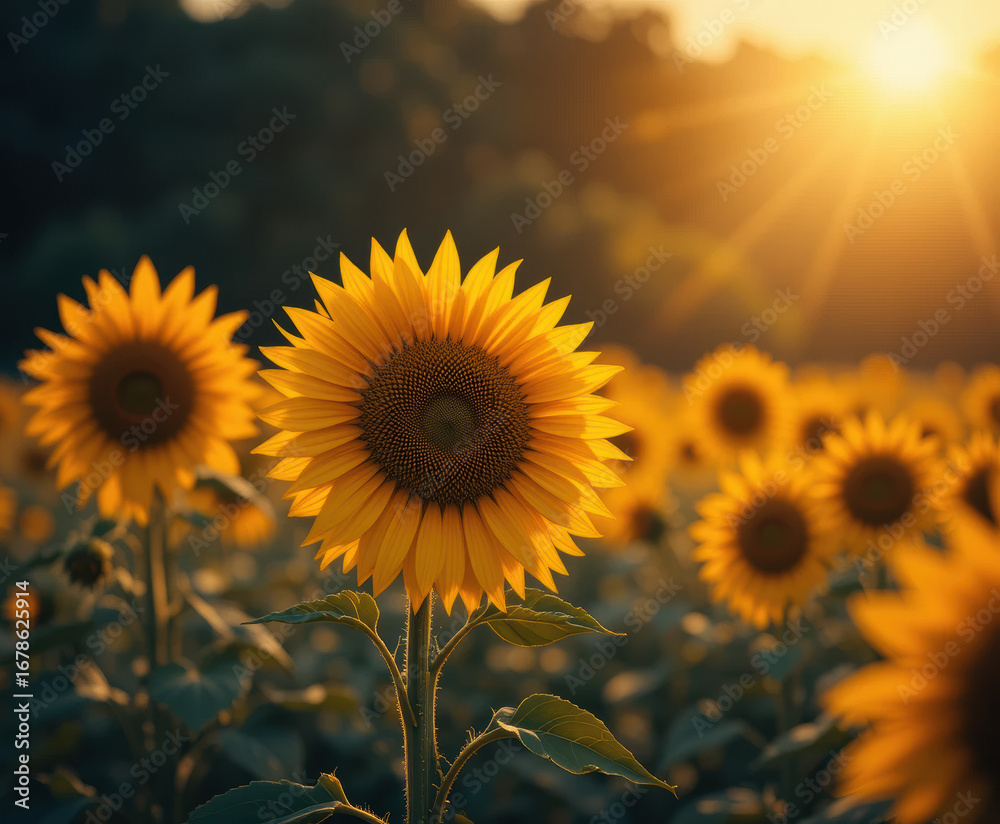 Fototapeta premium Vibrant Sunflower Field Bathed in Golden Sunlight, Capturing the Essence of Summer's Warmth and Natural Beauty