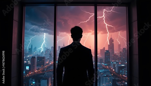 Man in suit looking at lightning storm over city skyline powerful dramatic weather