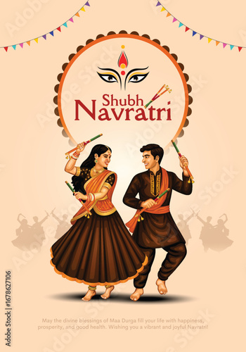 Navratri or Garba Night poster for Dussehra festival of India. Creative vector illustration design of couple playing Dandiya dance.