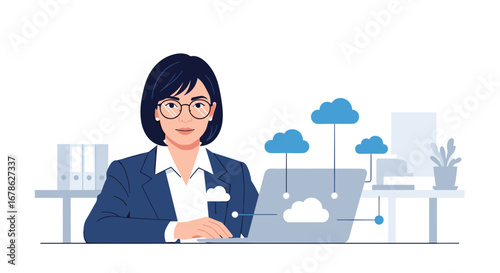 Asian businesswoman working on laptop managing cloud data at office desk flat illustration