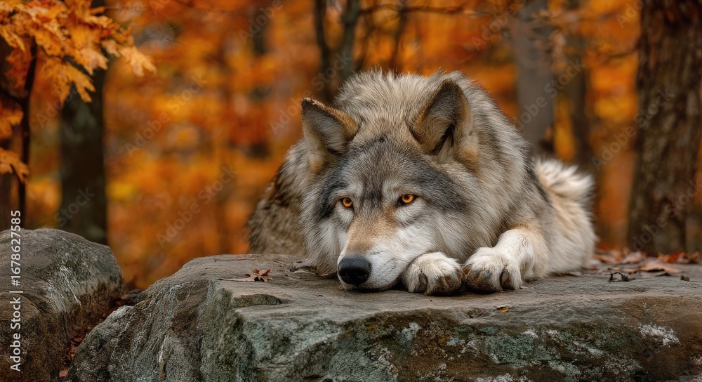Fototapeta premium Gray wolf resting on rock, autumnal forest