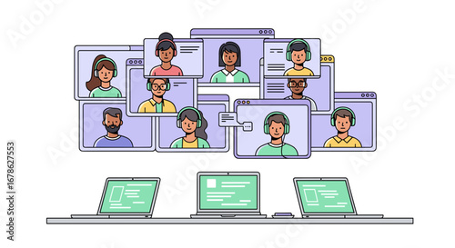 Diverse group of people in a video conference with laptops flat illustration