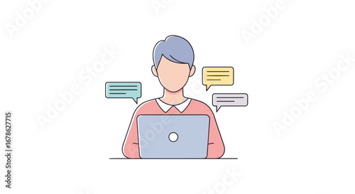 User communicating online via laptop with chat bubbles flat illustration