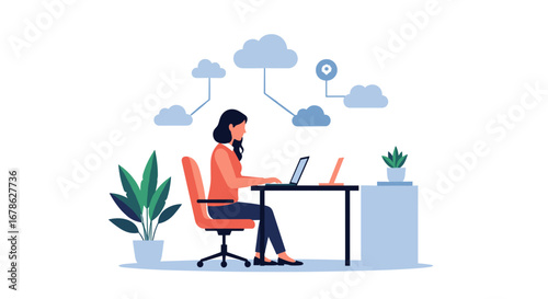 Woman typing on a laptop at a desk with cloud network flat illustration