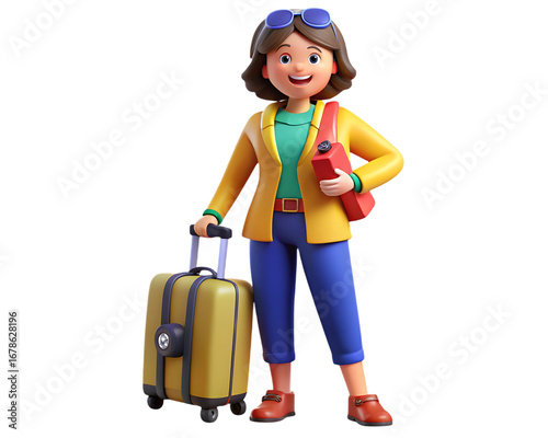 Happy cartoon woman with suitcase and backpack ready for vacation travel isolated on transparent background