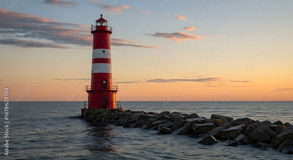 Naklejka premium Lighthouse at sunset over calm sea