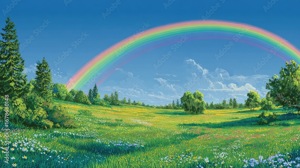 Naklejka premium Panoramic meadow landscape, vibrant colors, rainbow