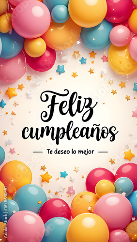 Festive Birthday Balloons: Colorful, Glossy, Happy Spanish 