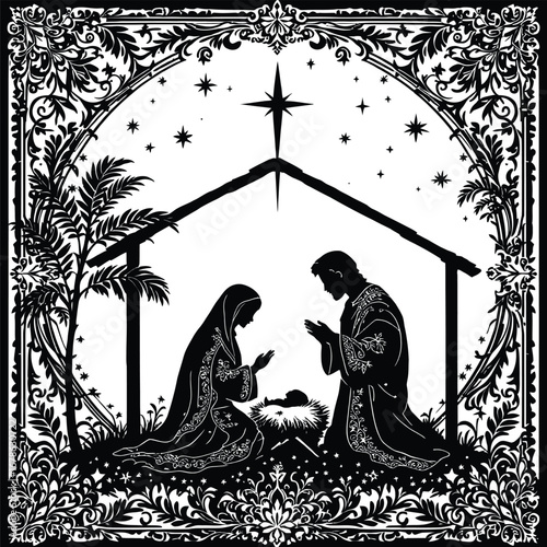 Nativity scene silhouette christmas vector illustration with holy family and star of bethlehem art