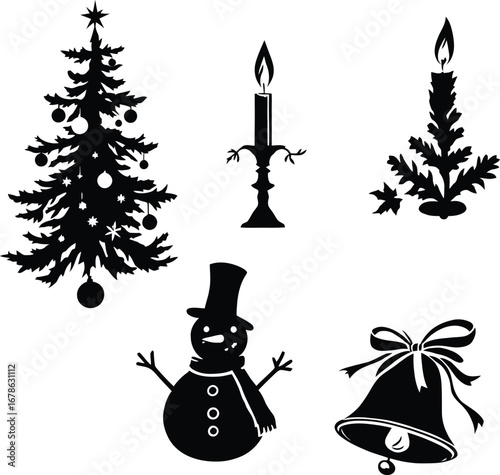 Christmas tree snowman candle bell vector silhouette holiday season festive design illustration art