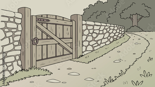 Cartoon stone wall gate landscape illustration country road scene in rural area drawing vector graphic design