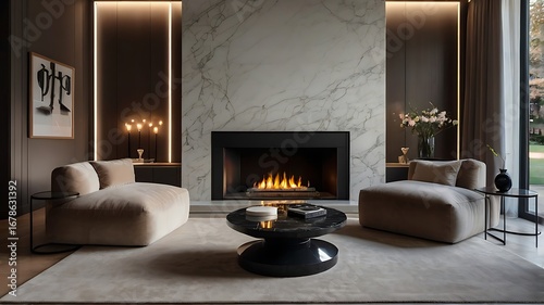Sleek marble fireplace in a minimalist modern living room, luxury interior design, clean lines, high resolution.