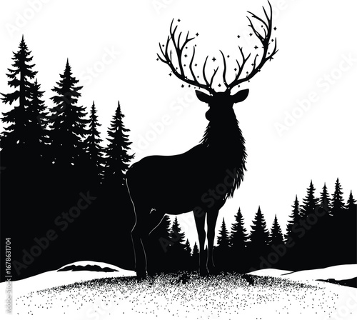 Silhouette of a deer in a forest with stars on antlers vector illustration isolated on white background
