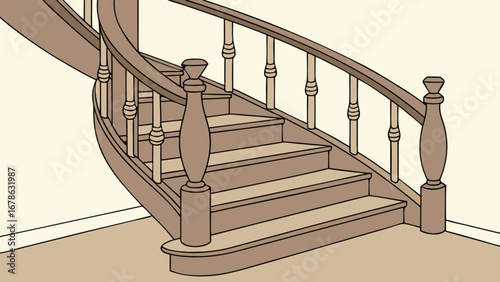 Illustration of a wooden spiral staircase with balusters and handrail for interior design ideas and home decor
