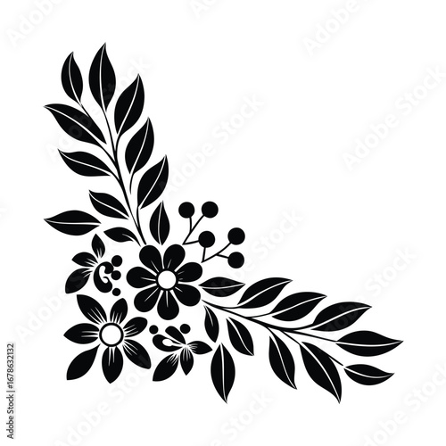 Elegant black silhouette of a floral corner embellishment featuring delicate flowers leaves and berries creating a charming decorative element for design projects