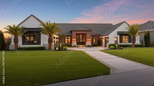 Wallpaper Mural Modern one story residential house at dusk with warm interior lighting, large windows, arched entrance, white walls, Torontodigital.ca