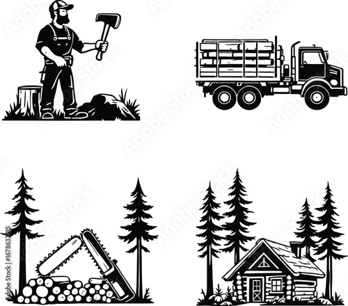 Lumberjack logging woodcutter forest truck cabin chainsaw tree black white vector illustration art