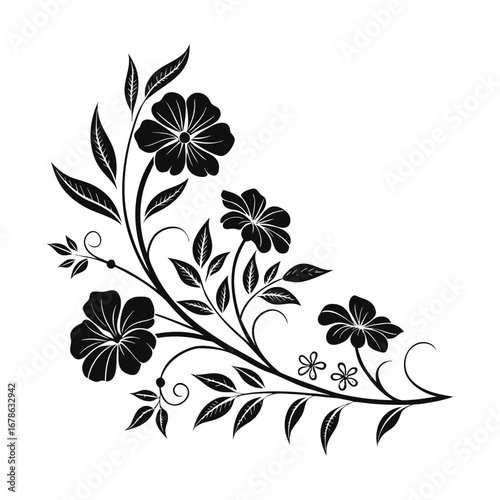 Elegant black and white floral corner design with delicate blooming flowers and swirling leaves creating a vintage decorative element for invitations and borders