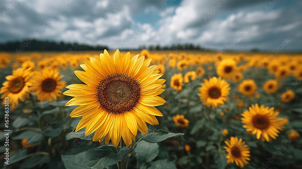 Fototapeta premium Expansive sunflower field with clear sky above, bright yellow blossoms covering farmland, wide farm landscape, serene and natural rural scene, agricultural beauty in summer.