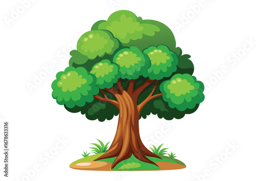 A vibrant cartoon illustration of a mature deciduous tree with a thick brown trunk and lush green foliage standing tall on a grassy mound with small plants