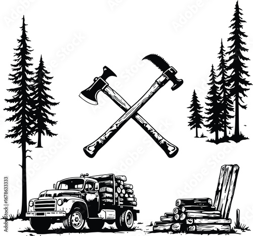 Lumberjack logging illustration with crossed axes truck and trees vector graphic design vintage style 100