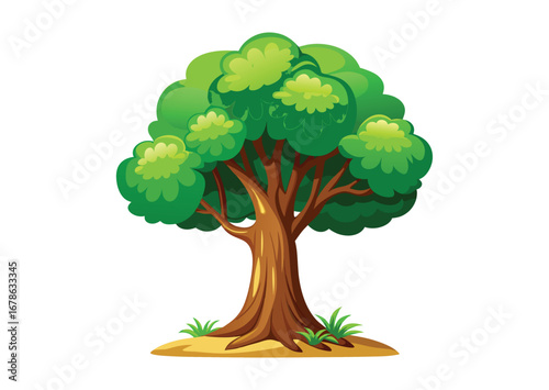 A vibrant cartoon illustration of a large deciduous tree with a thick brown trunk and lush green foliage standing tall on a patch of sandy ground with small blades of grass