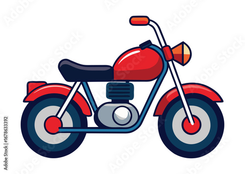 A vibrant red vintage style motorcycle with a black seat and chrome accents depicted in a clean isolated illustration on a white background