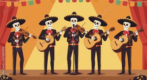 A vibrant flat design vector illustration captures a skeleton mariachi band joyfully performing, complete with traditional instruments and charro suits. This festive scene celebrates music and culture