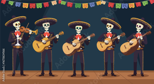 A vibrant flat design vector illustration captures a skeleton mariachi band joyfully performing, complete with traditional instruments and charro suits. This festive scene celebrates music and culture