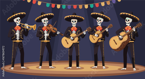 A vibrant flat design vector illustration captures a skeleton mariachi band joyfully performing, complete with traditional instruments and charro suits. This festive scene celebrates music and culture