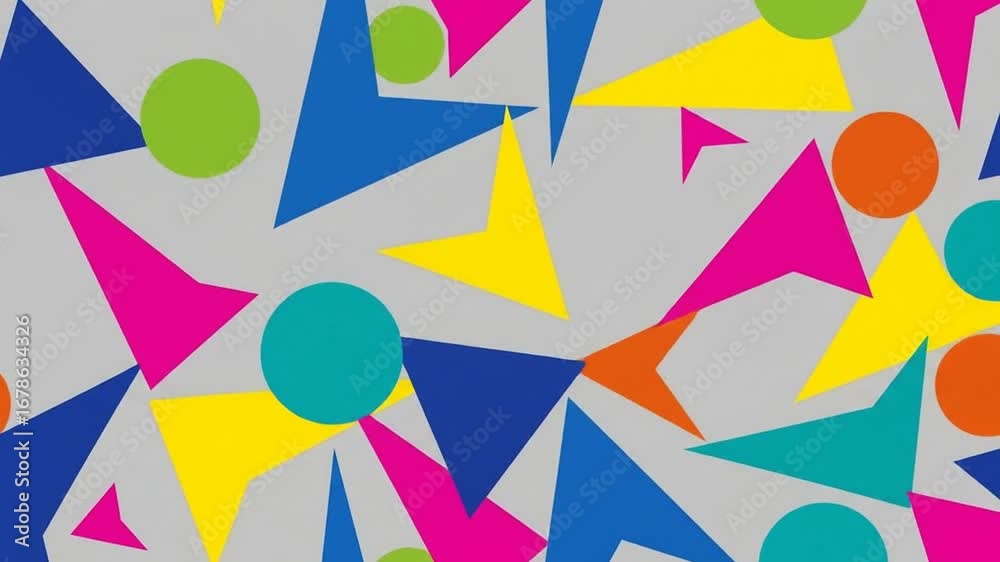Vibrant abstract pattern featuring an assortment of colorful geometric shapes like triangles, circles, and irregular polygons on a light gray background.