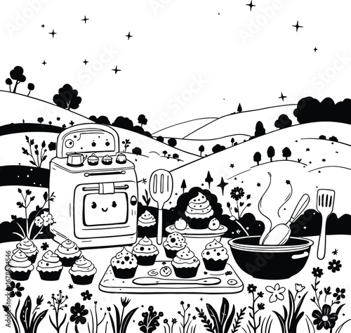 Cupcake baking oven in nature coloring page for kids and adults printable vector illustration