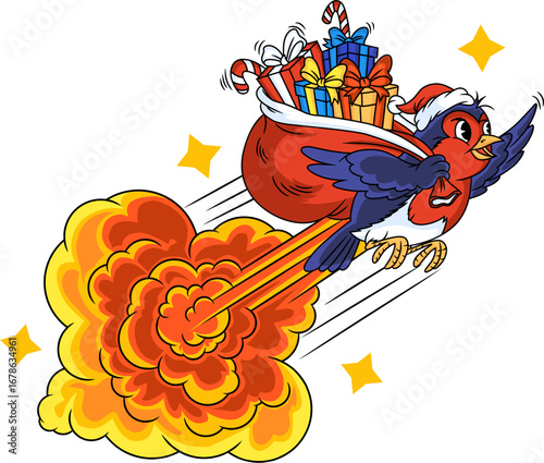 An imaginative illustration for Christmas and winter, showing a fast flying Santa robin delivering Christmas gifts with a trail of smoke and stars.