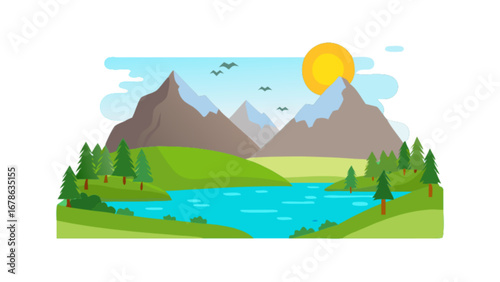 Mountain lake landscape scenic view nature background vector illustration graphic design template free download