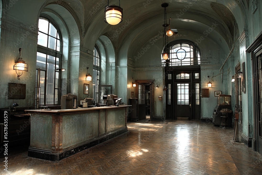 Fototapeta premium Old-style bank interior, light teal walls