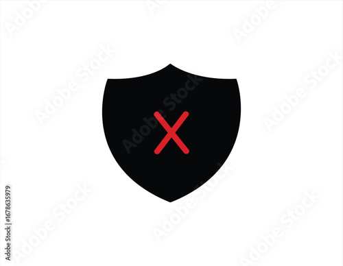 A professional, simple icon of a black shield with a red 'X', symbolizing a data breach, lack of security, or failed protection. Ideal for cybersecurity warnings, error messages, and caution alerts.