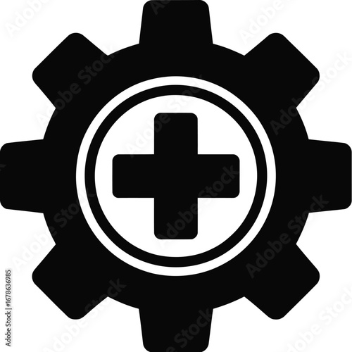 Black gear with white cross cogwheel plus sign