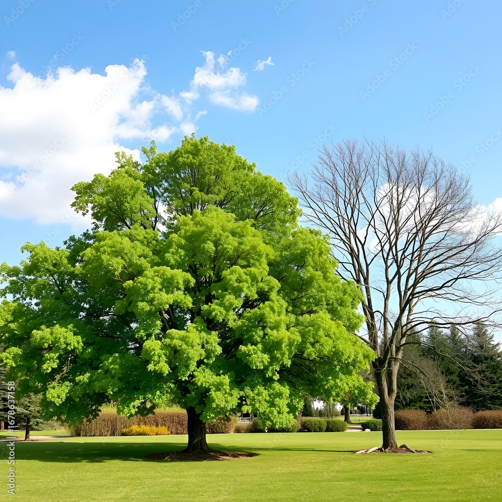 Fototapeta premium Lush Green Tree in Summer Contrasted with Barren Winter Tree