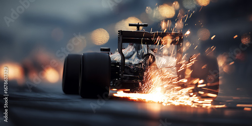 Formula 1 Car Racing at Dusk with Bright Sparks and Blurred Background Conveying Intense Motion
