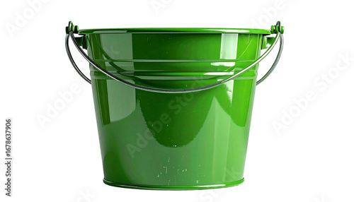 A vibrant green bucket standing against a minimalistic white backdrop.  PNG Transparent Background