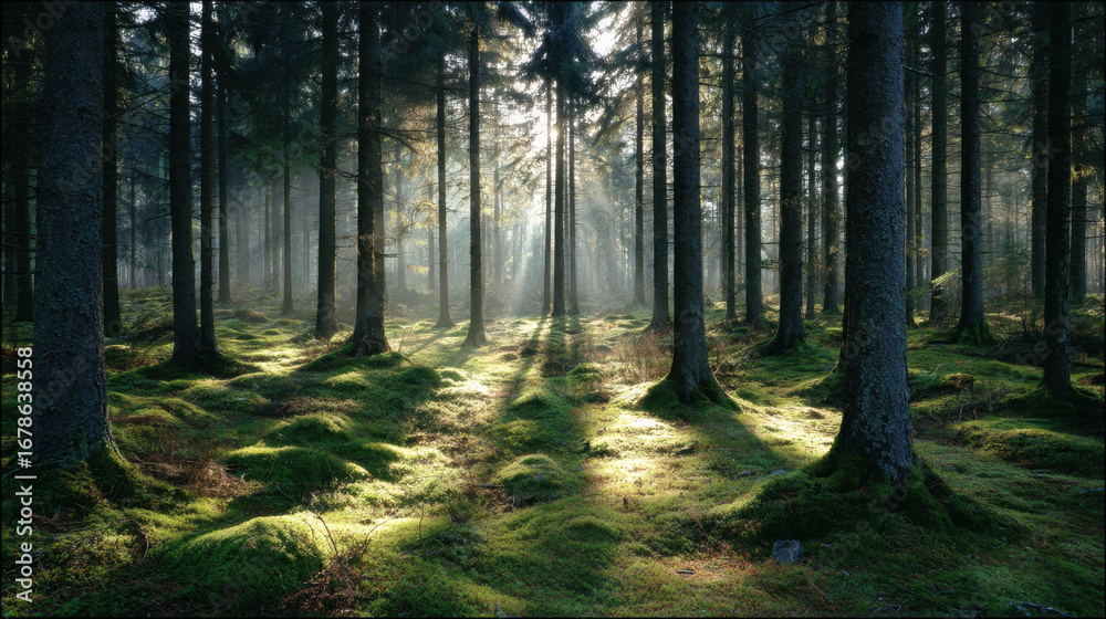 Naklejka premium Serene forest scene with tall trees, sunlight filtering through branches, and lush green moss covered ground. atmosphere is tranquil and inviting, perfect for nature lovers