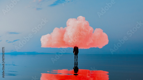 Wallpaper Mural Silhouette of a man beneath a pink cloud over calm sea waters Torontodigital.ca
