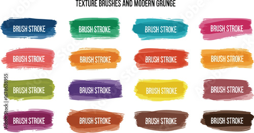 Sixteen colorful brush strokes with the words "brush stroke" written across each, arranged in a grid pattern on a white background.